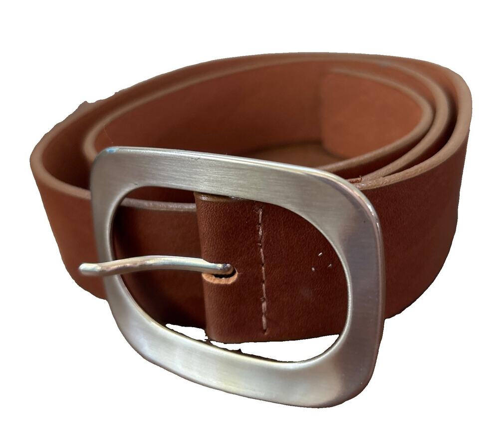 GARYM Brown Genuine Leather Wide Belt Silver Oval Buckle Size L Made in Canada